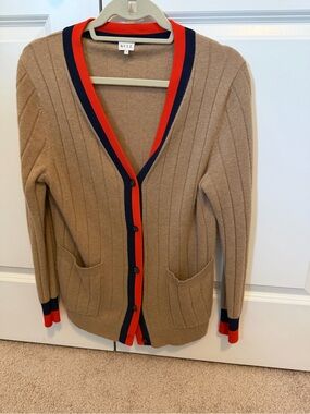 KULE - The Sinclair Cardigan in Camel with Navy & Red Trim